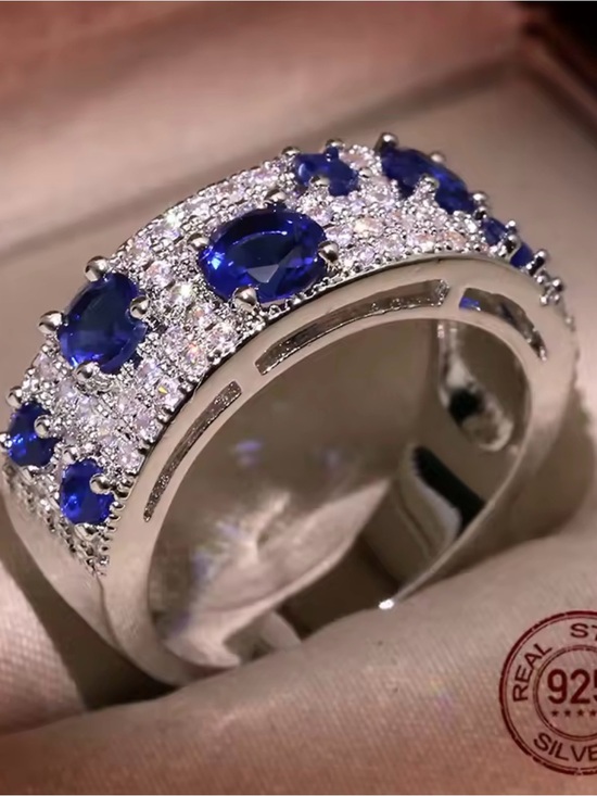 Jewelry - Sterling Silver Lab Blue Sapphire & White Sapphire Pavé Band Size 8